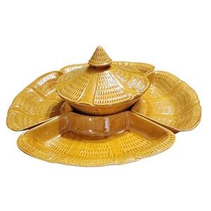 California USA Pottery 6-Pc Lazy Susan Covered Dish ServeWare Golden Yellow